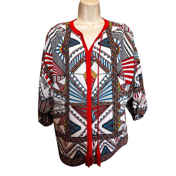 Gibson Latimer Tops - Gibson Latimer Womens S Tribal Geometric Print Top With Red Trim & Tassels Boho